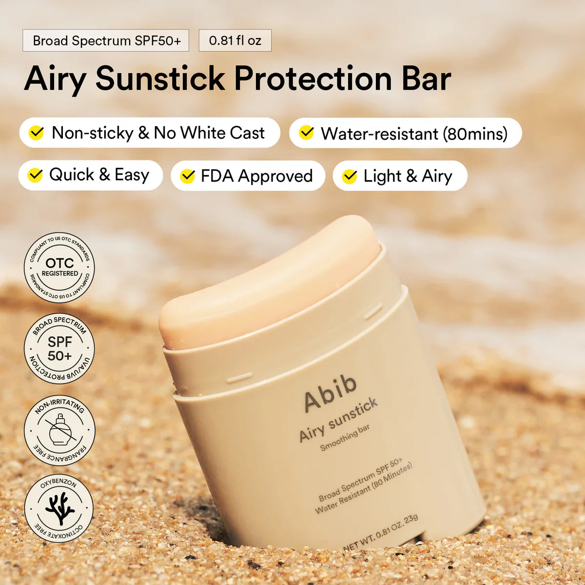 ABIB Airy Sunstick Smoothing Bar LSF 50+ PA++++, 23 g