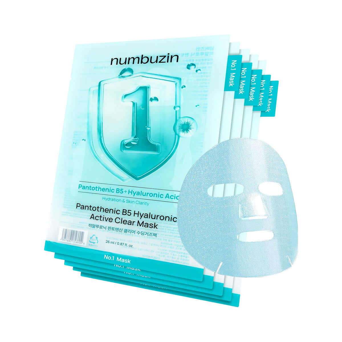 Numbuzin - No.1 Pantothenic B5 Hyaluronic Active Clear Mask - 26ml x 5pcs